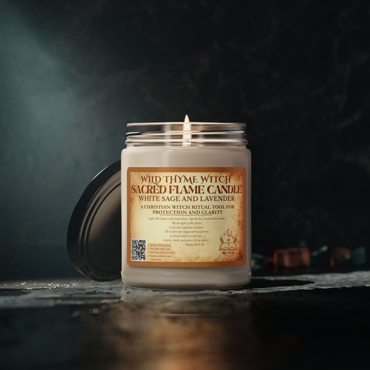 Sacred Flame Ritual Candle with QR Code Spell Kit | Christian Witch Candle for Protection, Clarity & Full Moon Ritual | White Sage & Lavender Scented Soy | Bible-Based Altar Magic & Spiritual Gift
